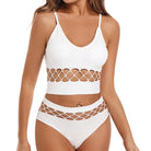 White sexy cutout bra and panty set with lattice cutouts on a white background