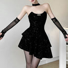 Femboy wear black asymmetrical tube dress with gloves