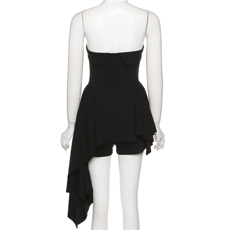 Femboy wear black blackless mini dress with gloves back