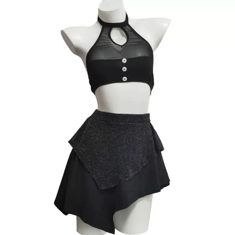 Femboy wear black cutout halter top and skirt lingerie set front