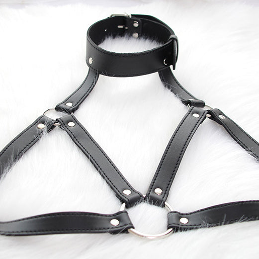 Femboy wear black leather body bondage harness set detail