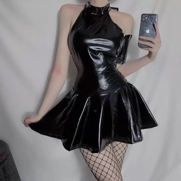 Femboy wear black leather lingerie dress with bow