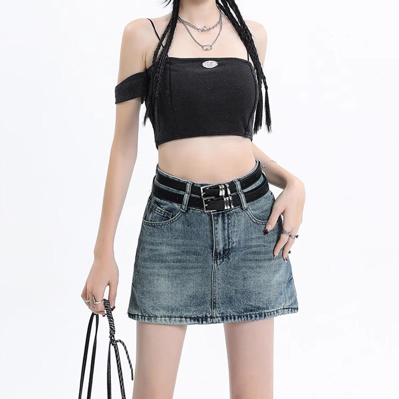 Femboy wear double belted denim skirt front