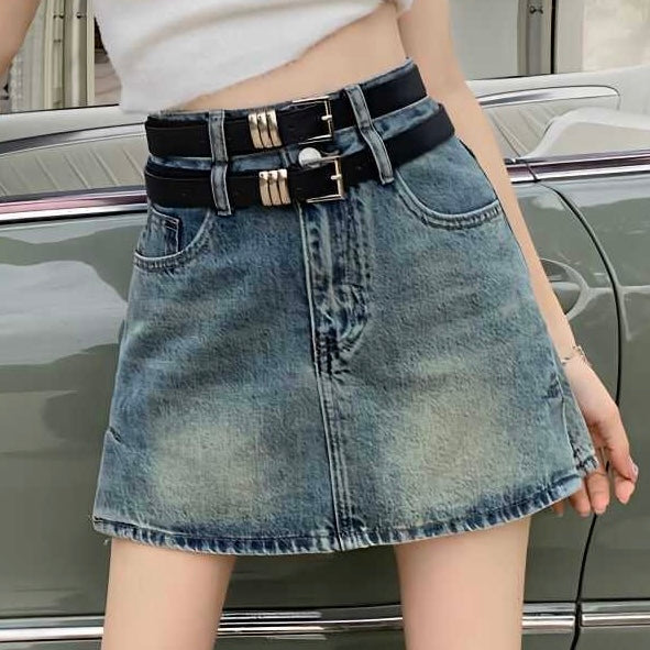 Femboy wear double belted denim skirt
