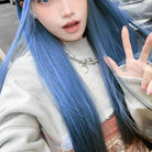 Femboy wear femboy ash blue long straight wig with bangs front