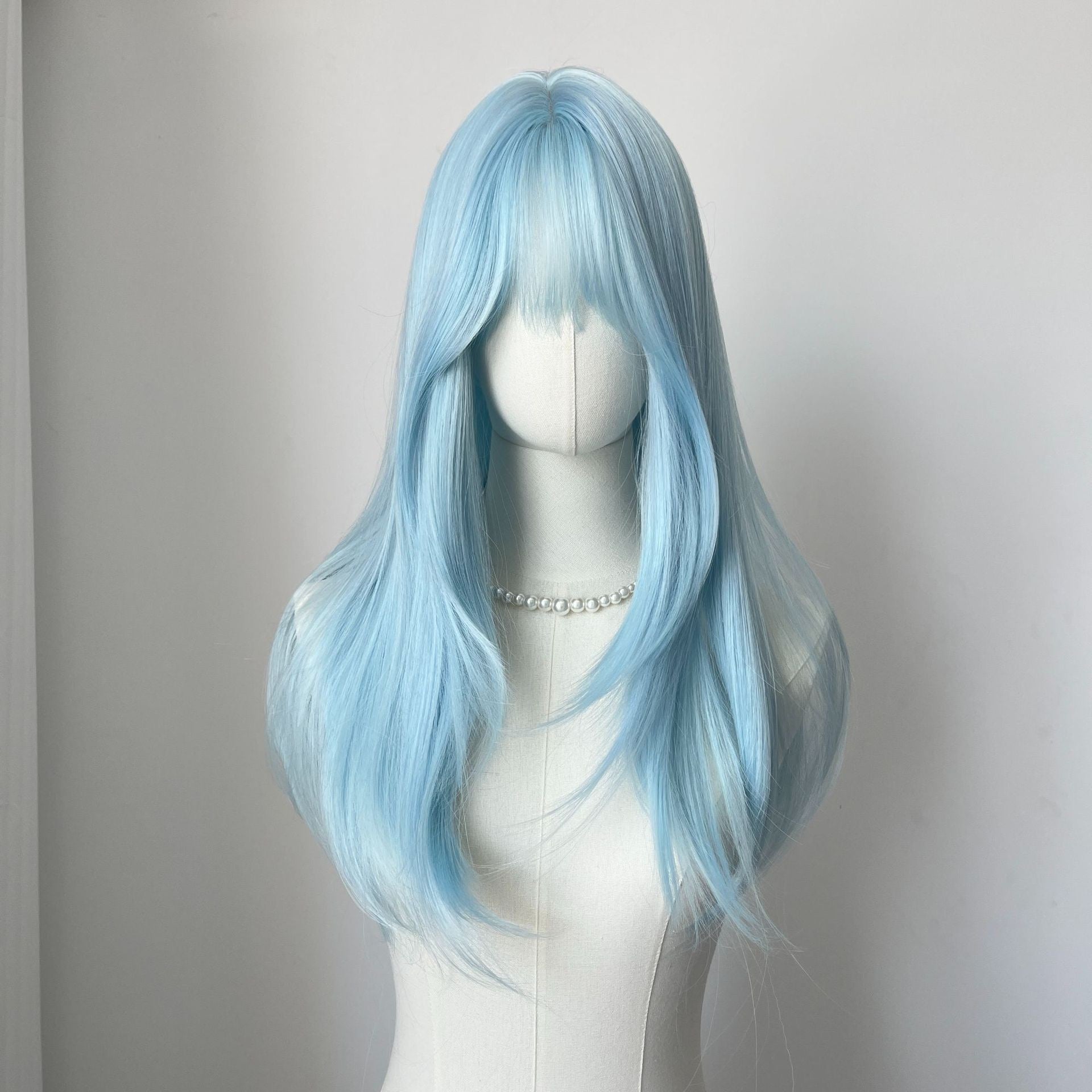 Femboy wear femboy ash blue long straight wig with bangs front