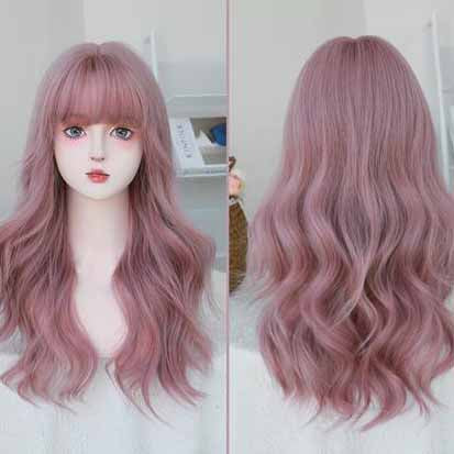Femboy wear femboy ash pink body wave wig with bangs back
