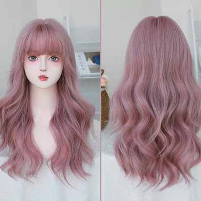Femboy wear femboy ash pink body wave wig with bangs back