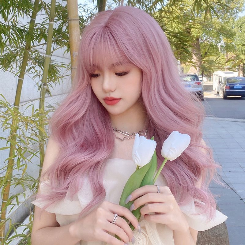 Femboy wear femboy ash pink body wave wig with bangs side