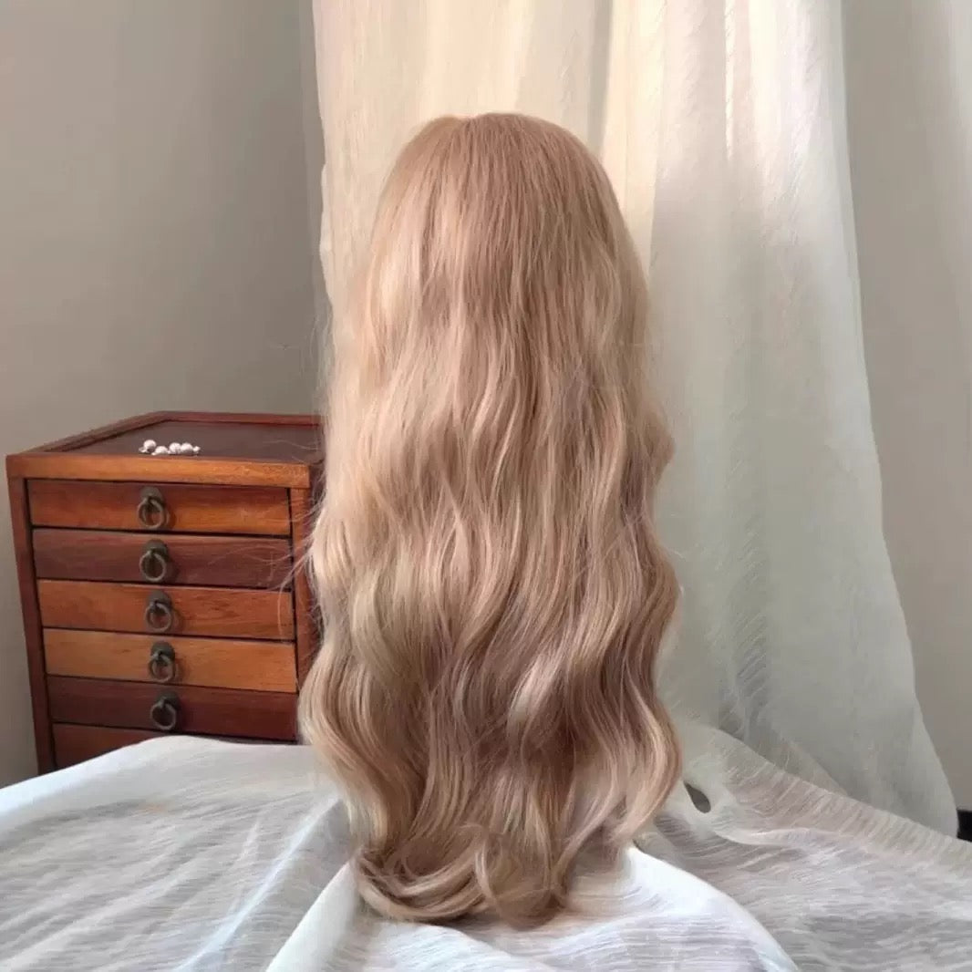 Femboy wear femboy honey blonde water wave wig with bangs front