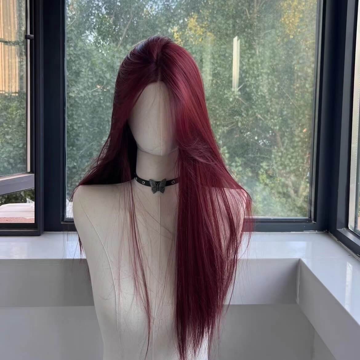 Femboy wear femboy plum red long straight lace front wig front