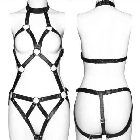 Femboy wear full body leather harness