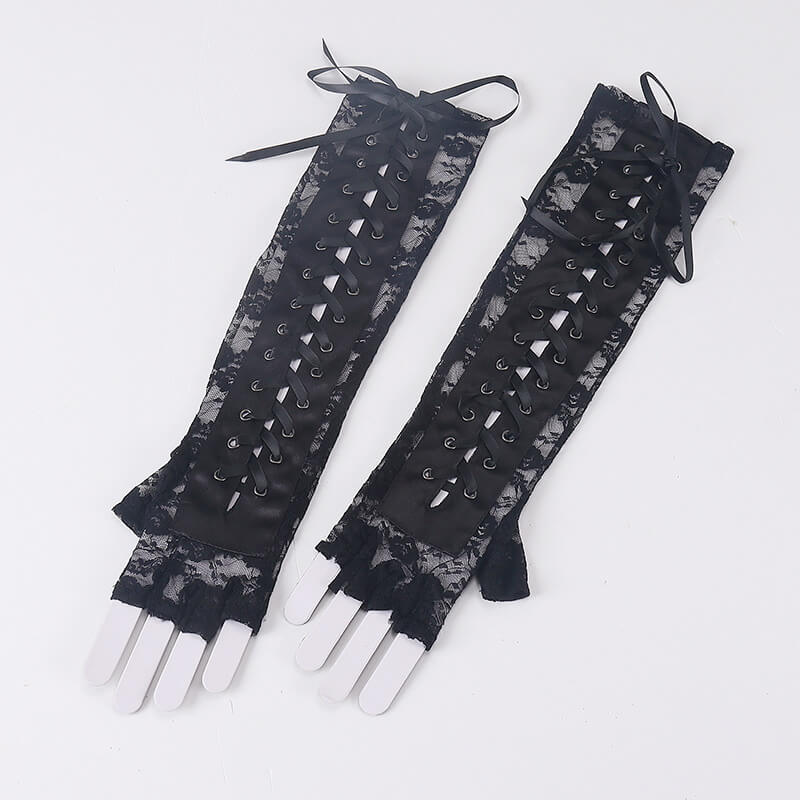 Femboy wear gothic lace up half finger lace gloves front