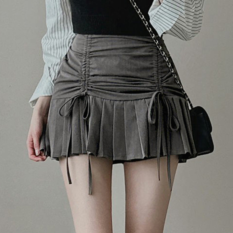 Femboy wear grey lace up pleated short skirt
