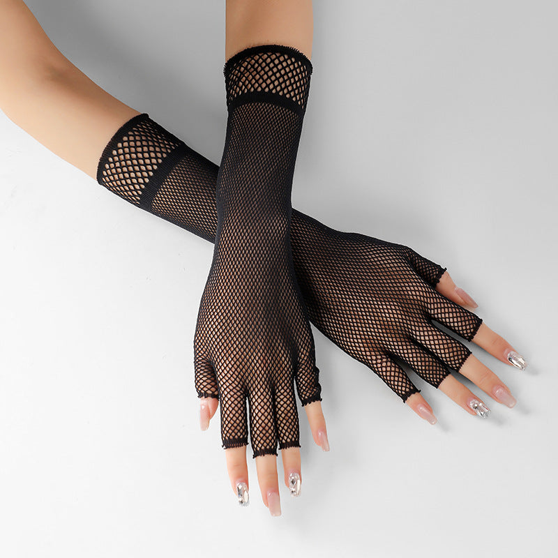 Femboy wear long fishnet half finger gloves back