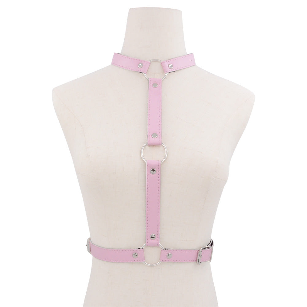 Femboy wear pink sexy punk leather body harness