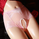 Femboy wear pink sexy sheer floral lace crotchless panties