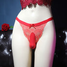 Femboy wear red floral mesh pouch panty thong