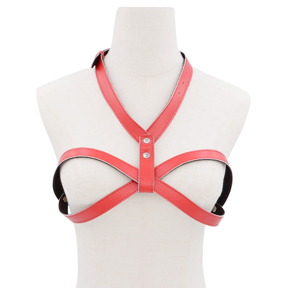 Femboy wear red leather cage bra harness