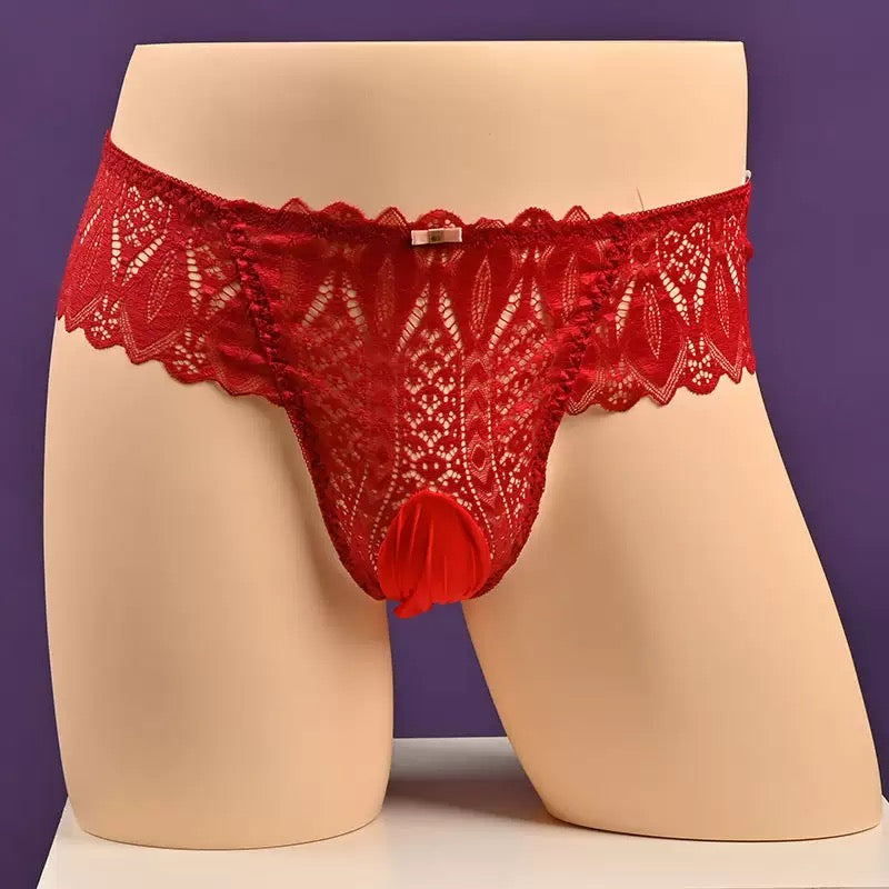 Femboy wear red low rise back lace pouch panties
