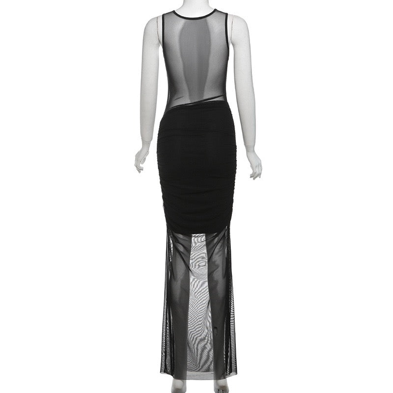 Femboy wear sexy black mesh side slit dress back