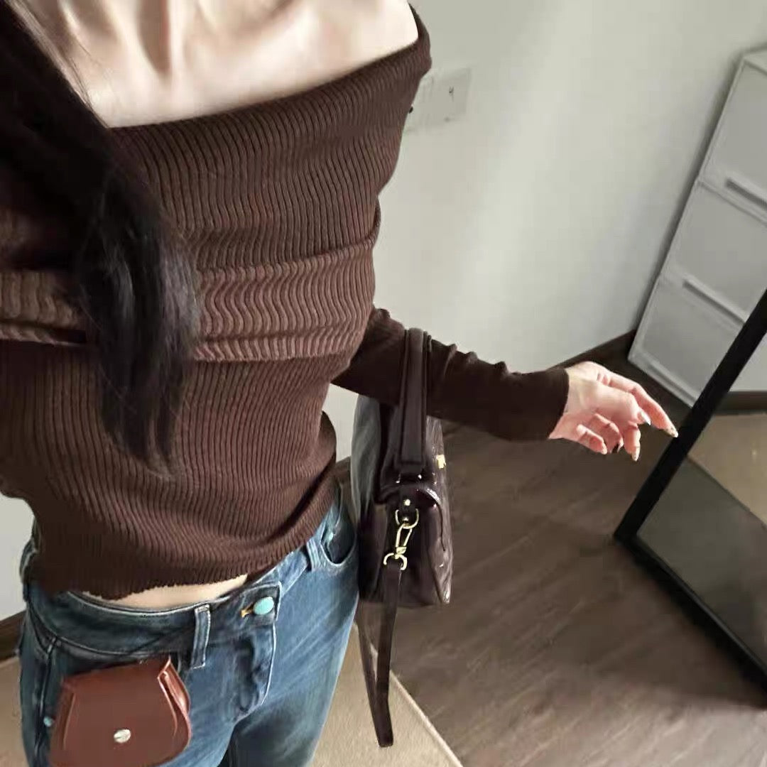 Femboy wear sexy brown off shoulder knit fitted pullover