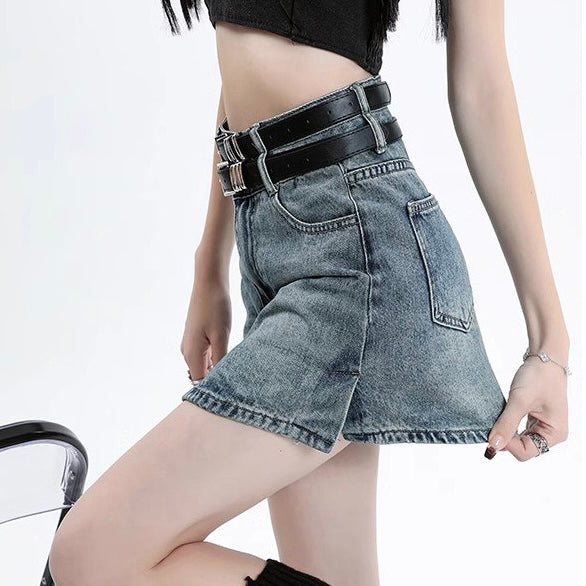 Femboy wear sexy double belted denim skirt