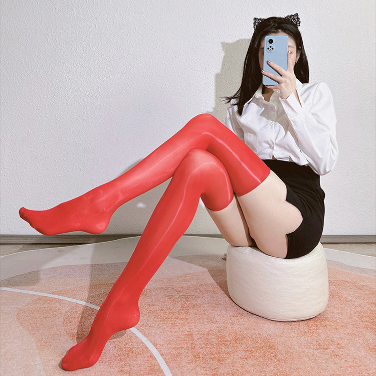 Femboy wear sexy oil shine thigh high stockings side