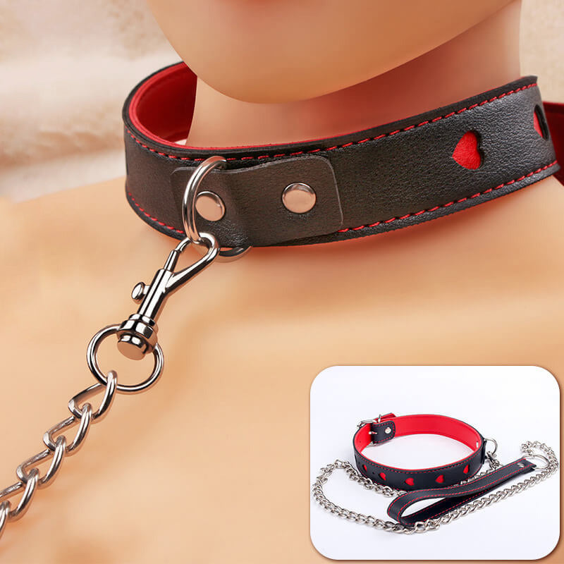 Femboy wear sweet black and red leather collar with chain