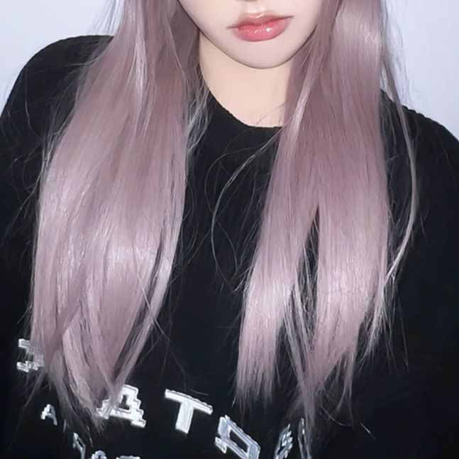 Femboy wear sweet femboy ash purple long straight wig with bangs