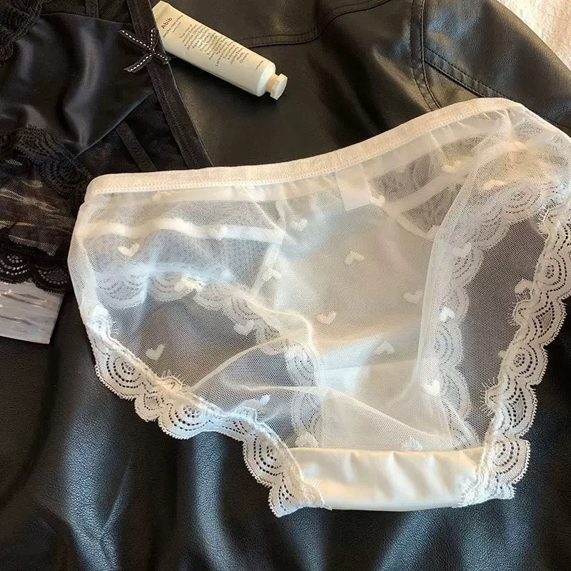 Femboy wear sweet heart mesh sheer crotchless panties side