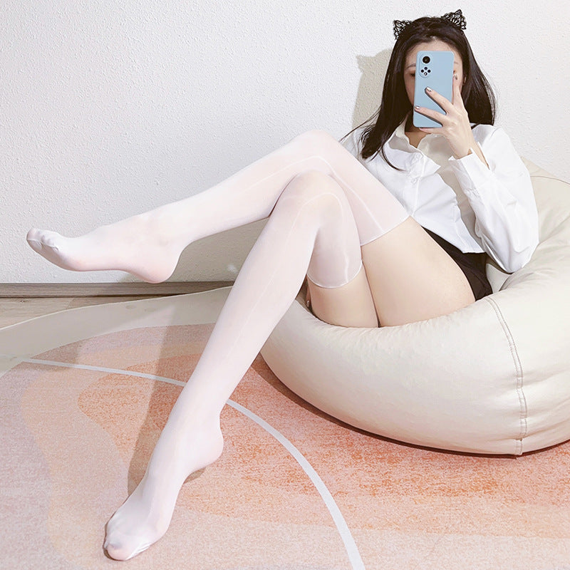 Femboy wear white sexy oil shine thigh high stockings