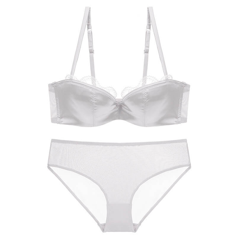 Femboy wear white sexy satin half cup bra and panty set