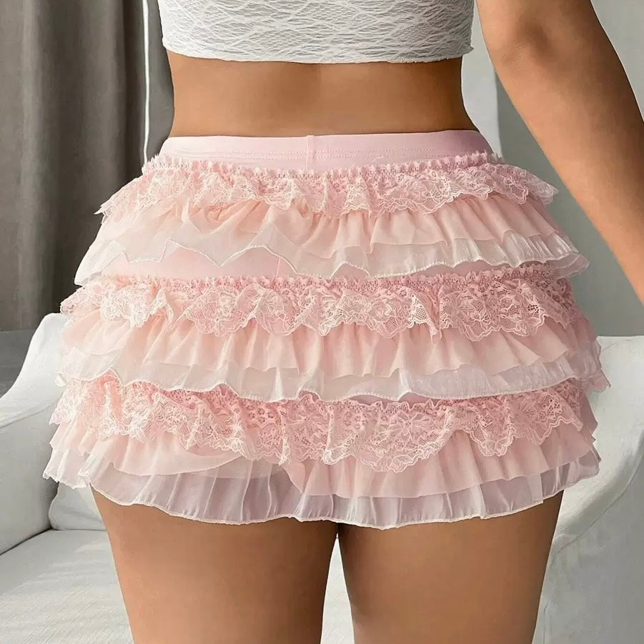 Femboy wearpink multi layer white lace short skirt front