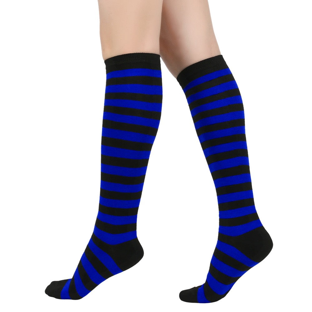 Navy and black femboy striped knee-high socks on a white background