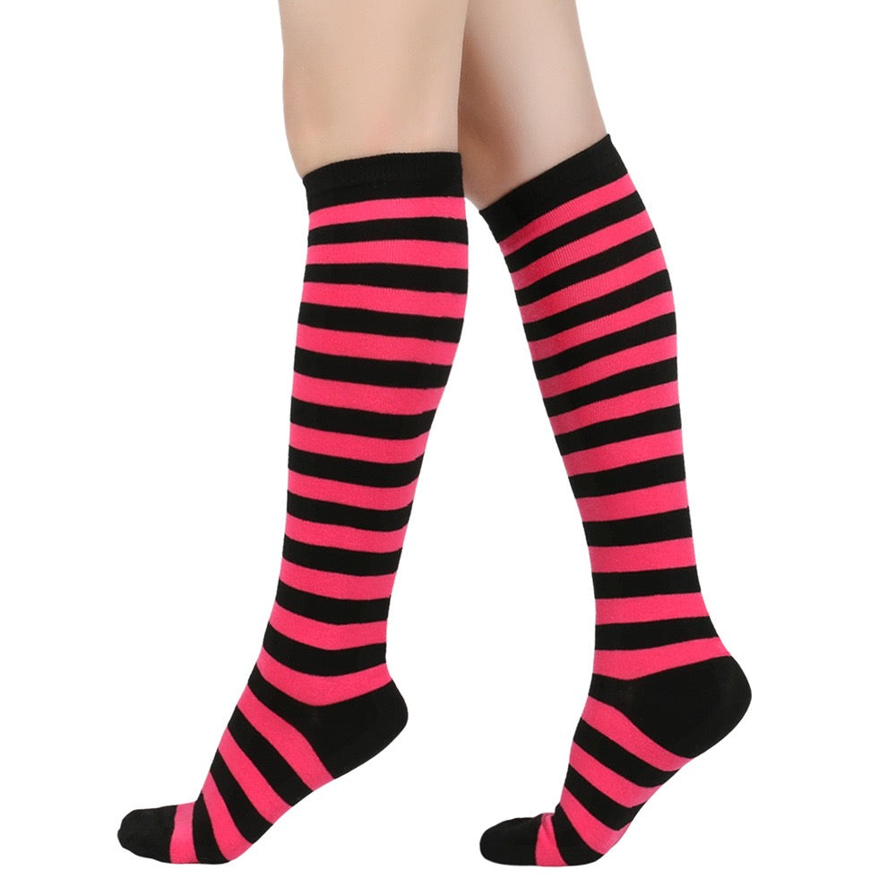 Black and rose femboy pin striped knee-high socks on a white background