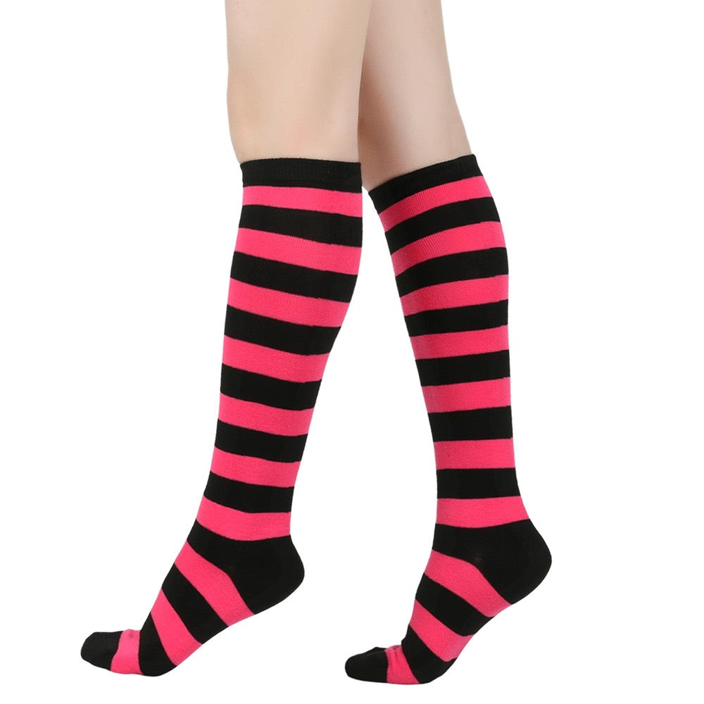Black and rose femboy striped knee-high socks on a white background