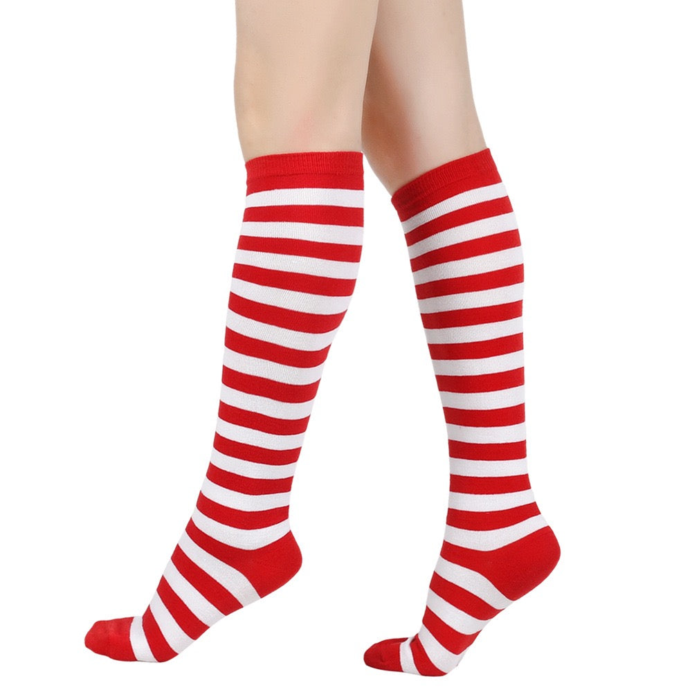 Red and white femboy pin striped knee-high socks on a white background