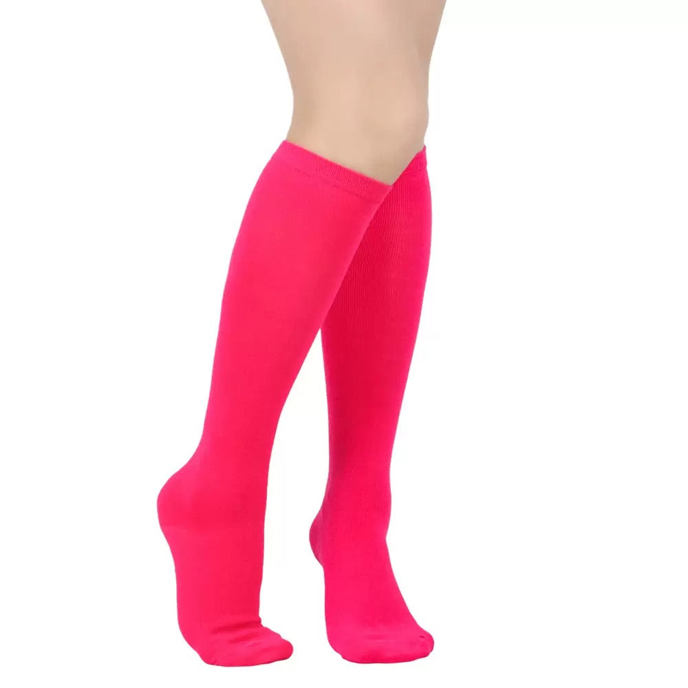 Hot pink knee-high socks on a white background