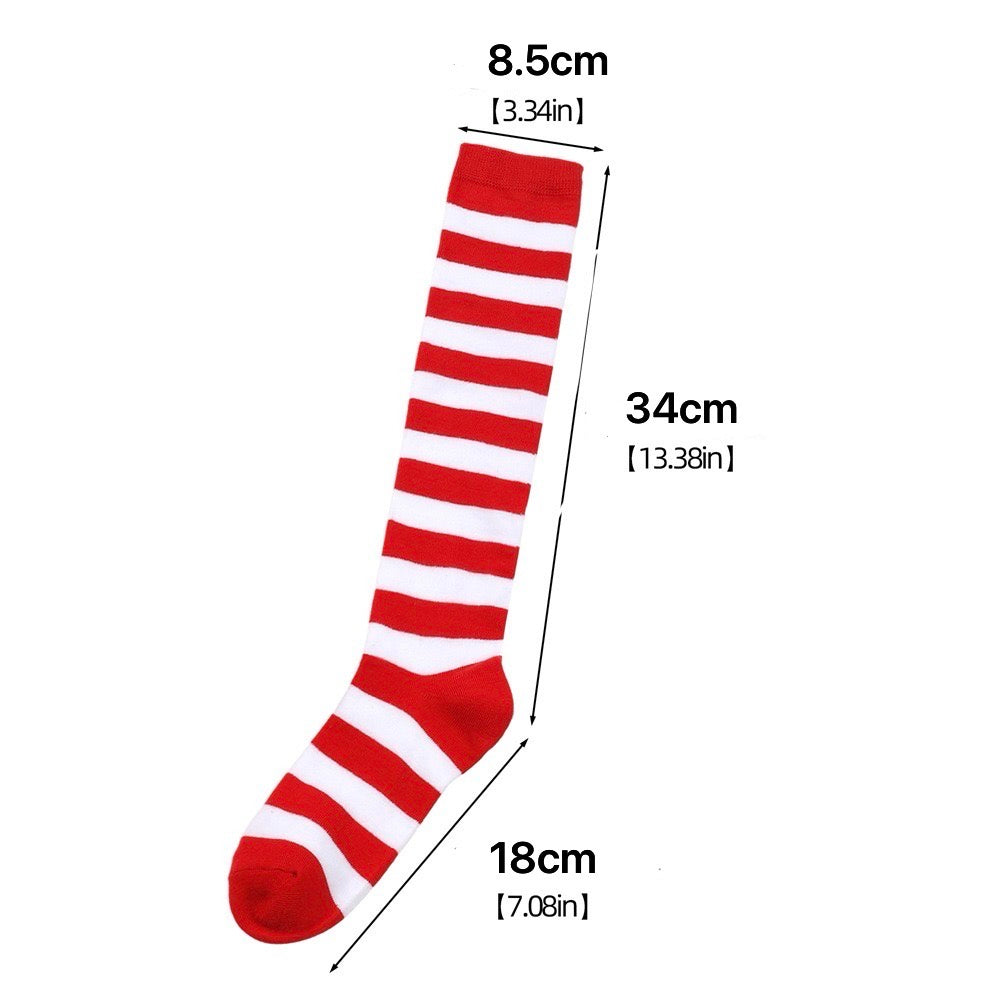 Red and white striped sock with measurements on a white background