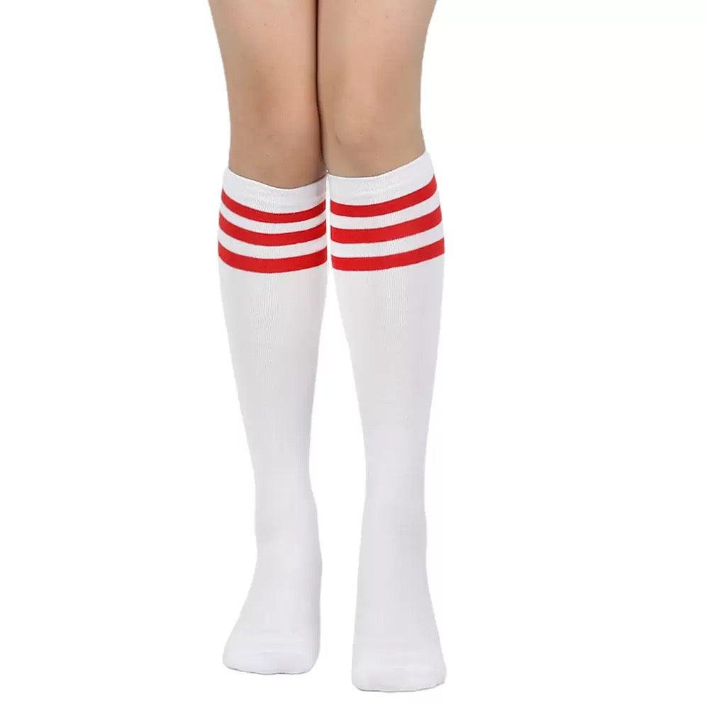 White knee-high socks with red stripes on a white background