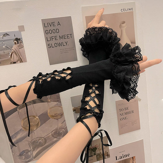 Fingerless Lace Up Gloves Black - Femboy Fashion