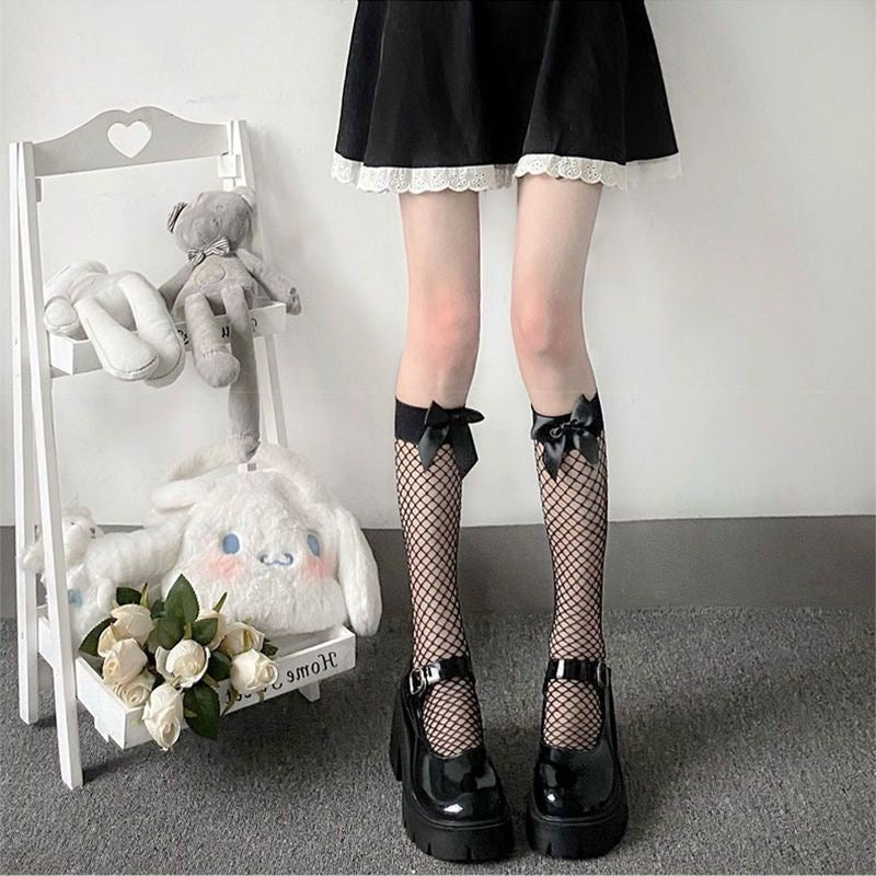 Black Fishnet Knee High Stockings With Bow - Femboy Fashion