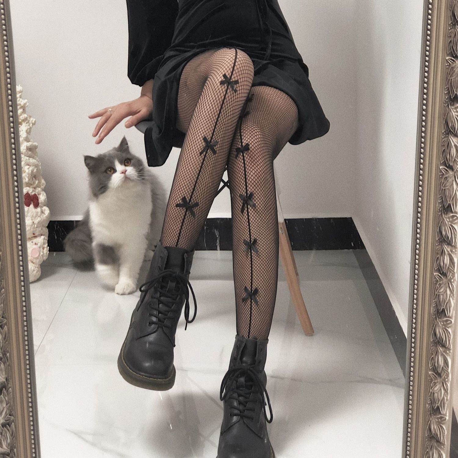 Black Fishnet Pantyhose With Bows - Femboy Fashion