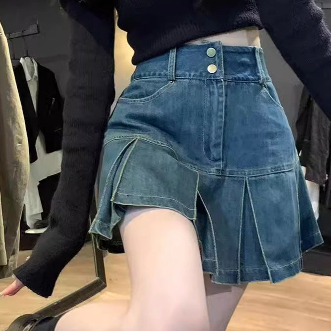Dark Denim Pleated Skirt - Femboy Fashion