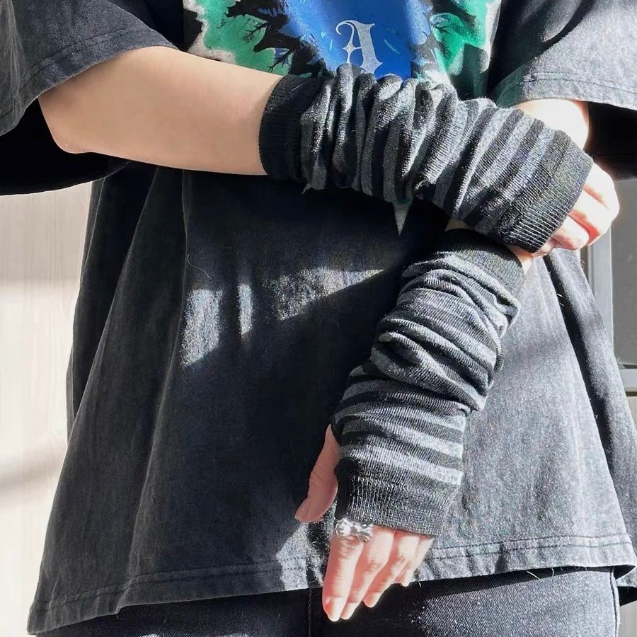 Black and grey striped arm warmers for femboy