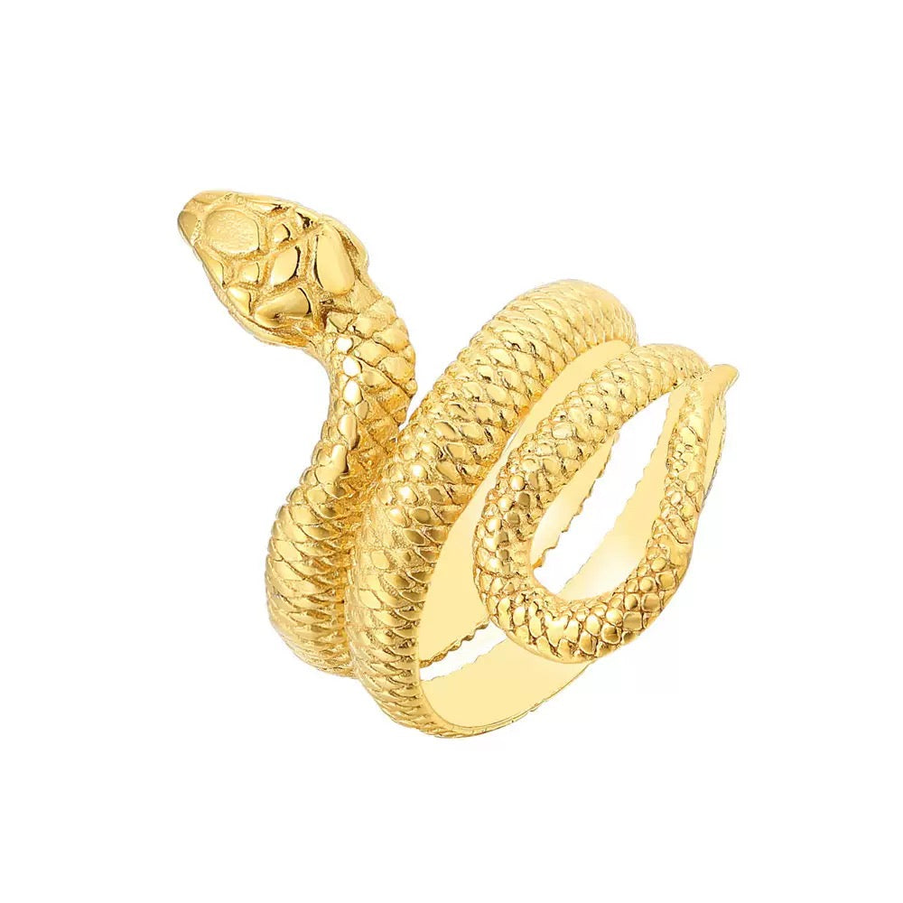 Gold snake-shaped ring on a white background