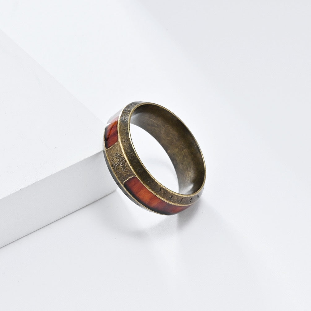 Gold tree of life viking rune wood grain stainless steel ring