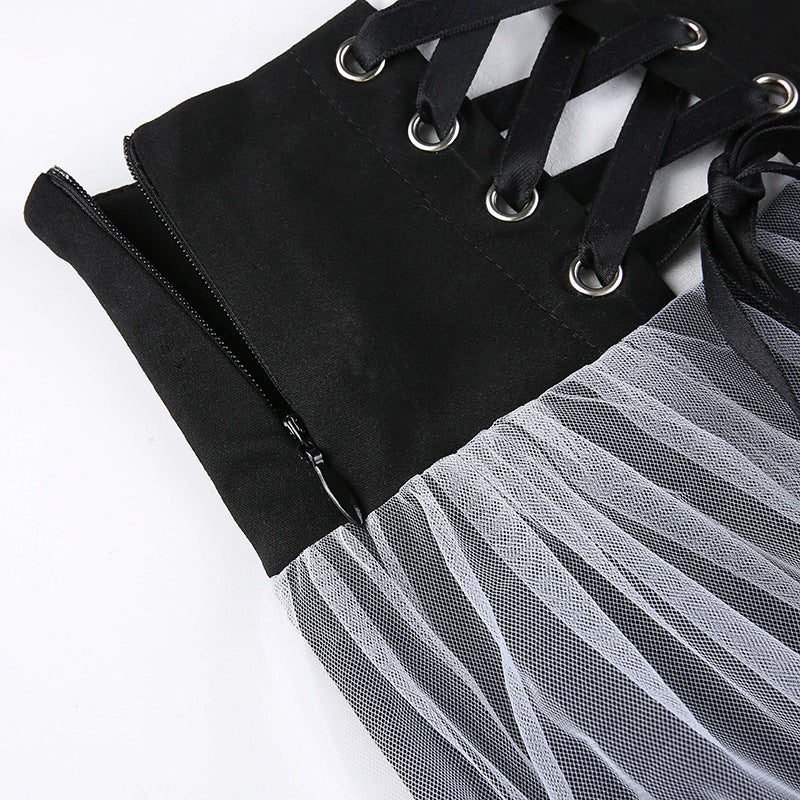 Gothic Black And White Mesh Skirt Waist Detail - Femboy Fashion