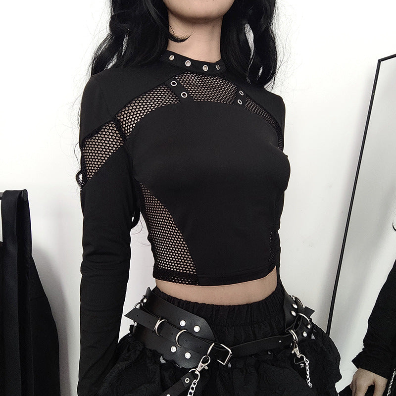 Gothic Black Fishnet Patchwork Long Sleeves Crop Top - Femboy Fashion
